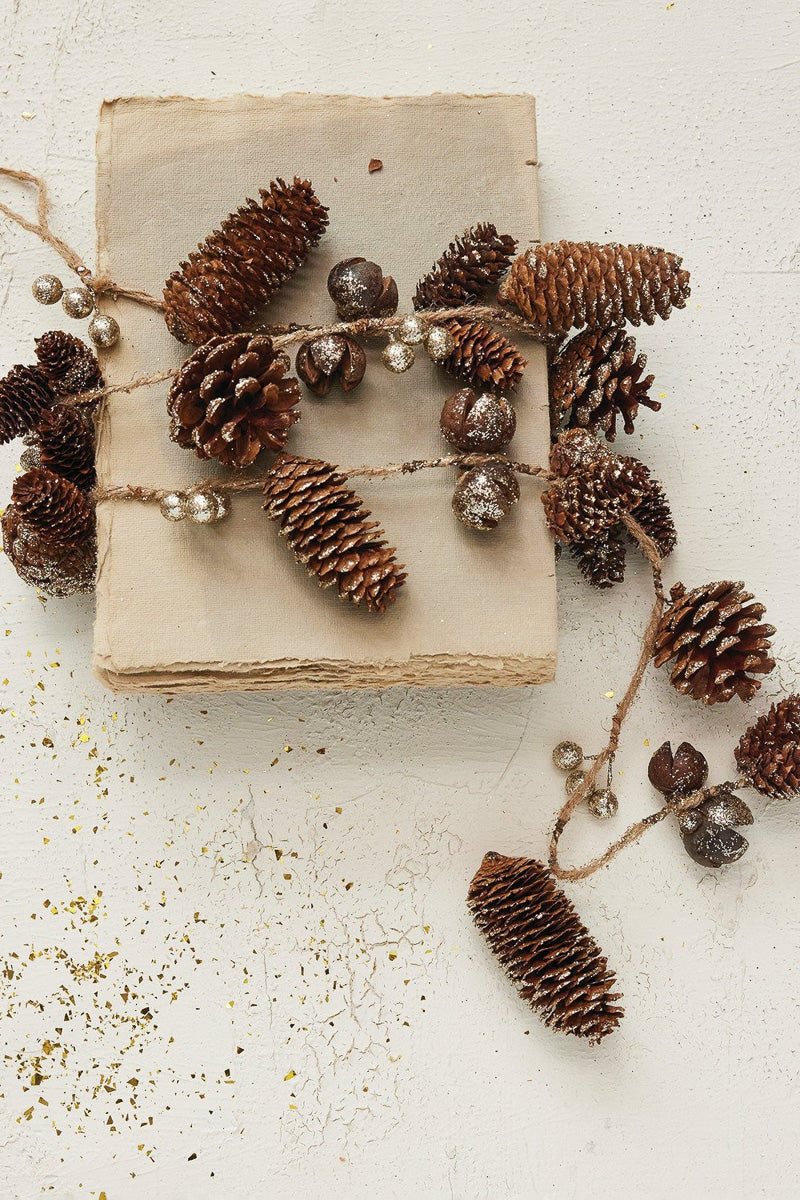 Pinecone Garland with Seed Pods & Glitter 72" Natural & Gold