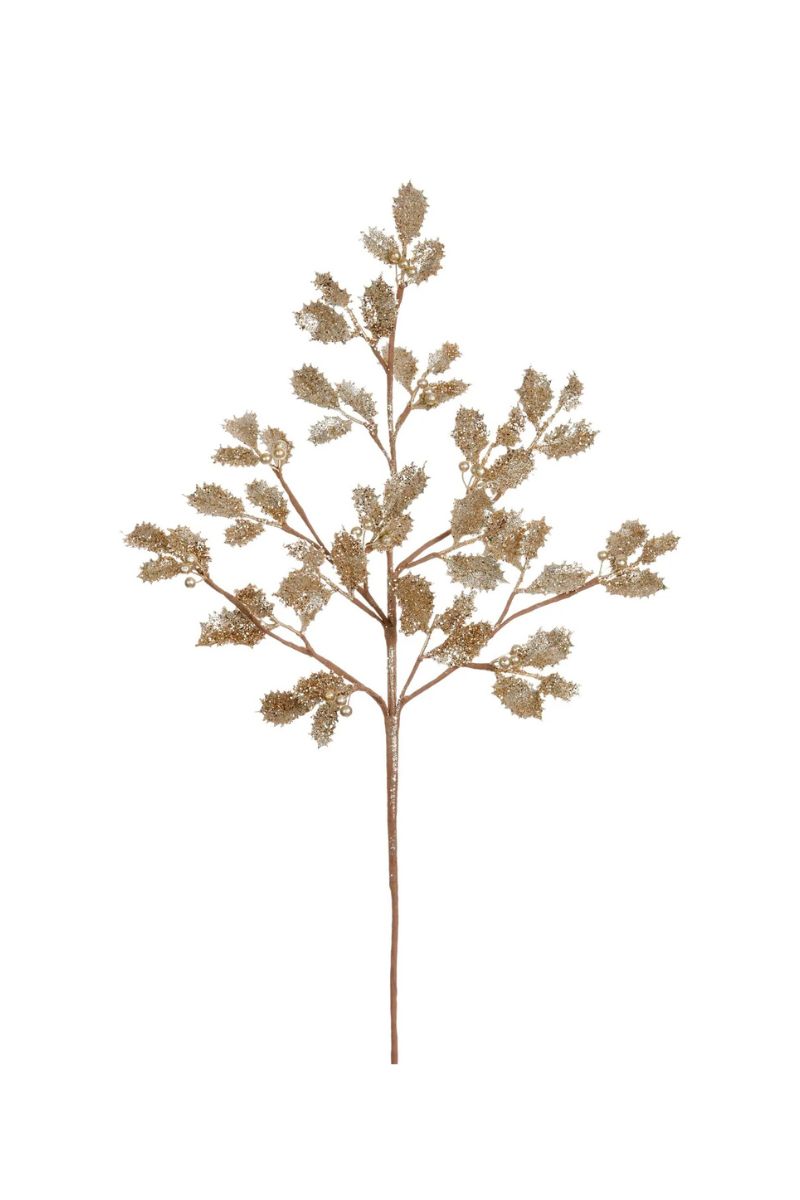 Faux Sparkle Holly Branch 28" Champagne