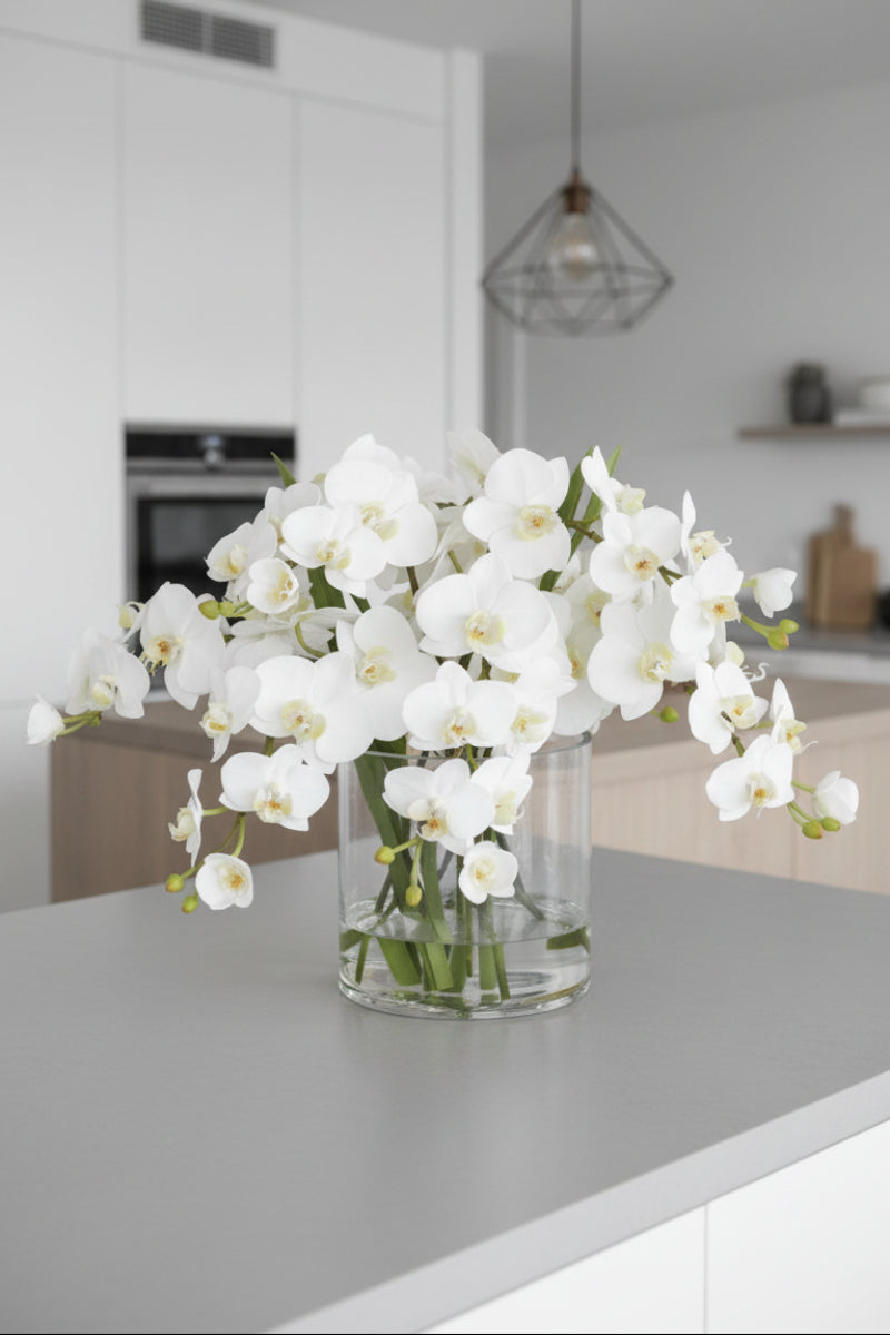 Orchid Premade in Glass Vase with Faux Water 16" White