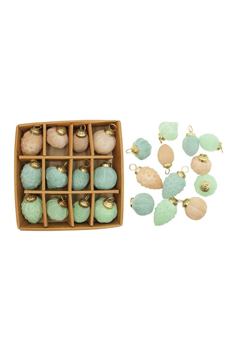 Flocked Glass Ornament Blue, Mint & Peach 2"x 3"