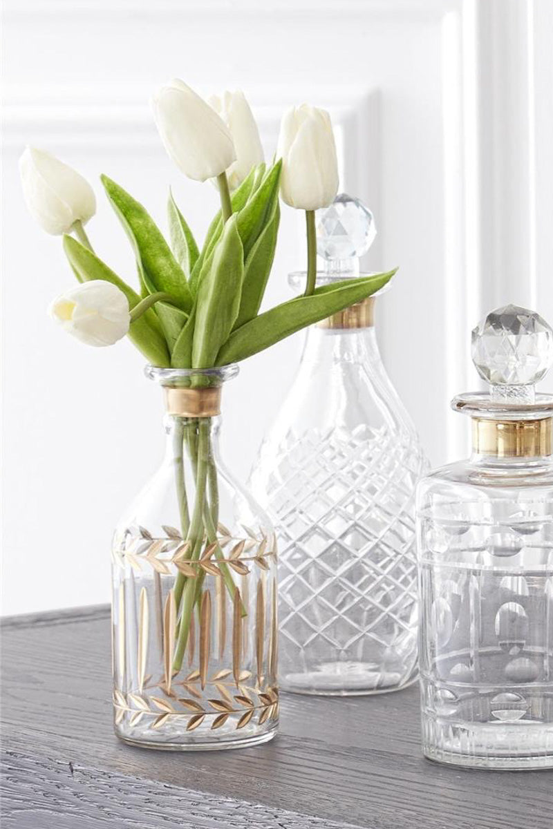 Gilded Leaf Etched Vase Medium Clear with Gold Trim