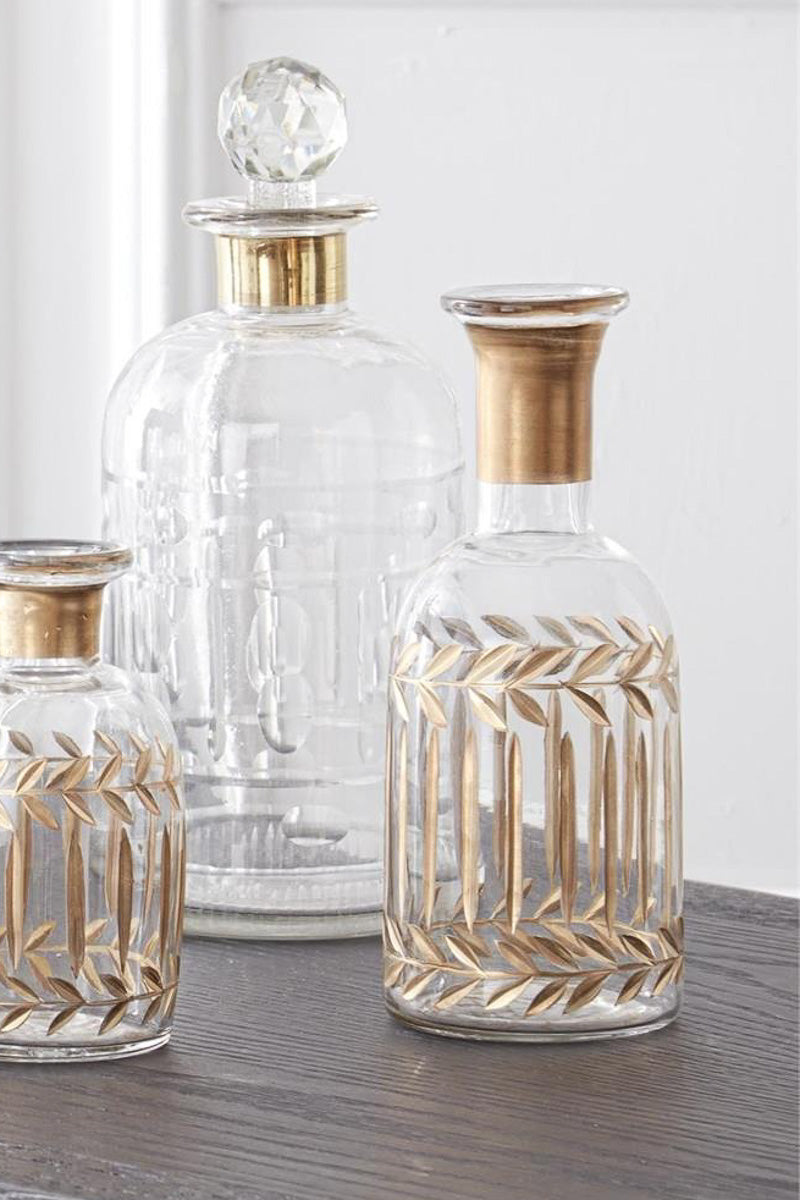 Gilded Leaf Etched Vase Large Clear with Gold Trim