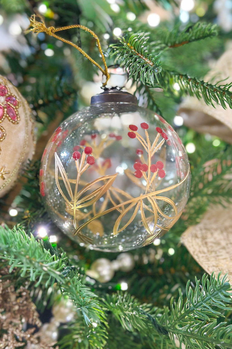 Hand Painted Glass Ball Ornament with Berry Design