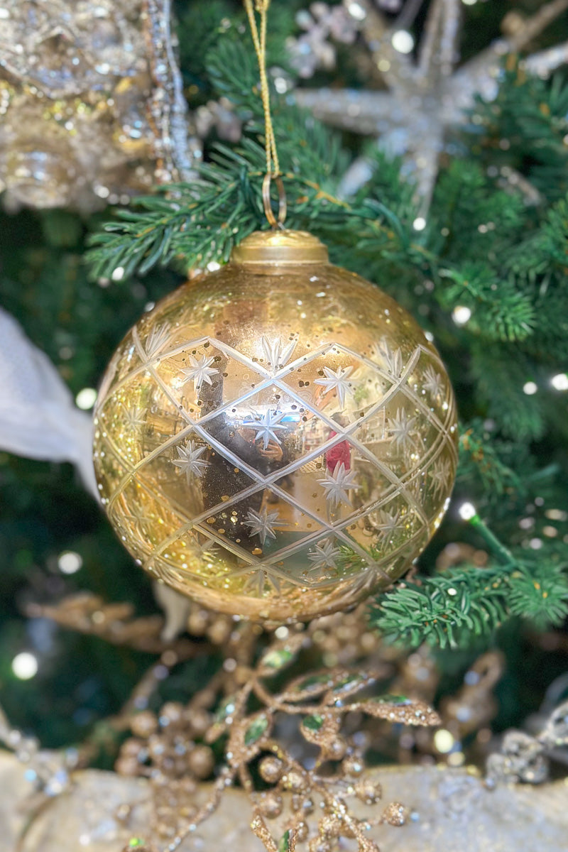 Etched Glass Ball Ornament 5" Gold