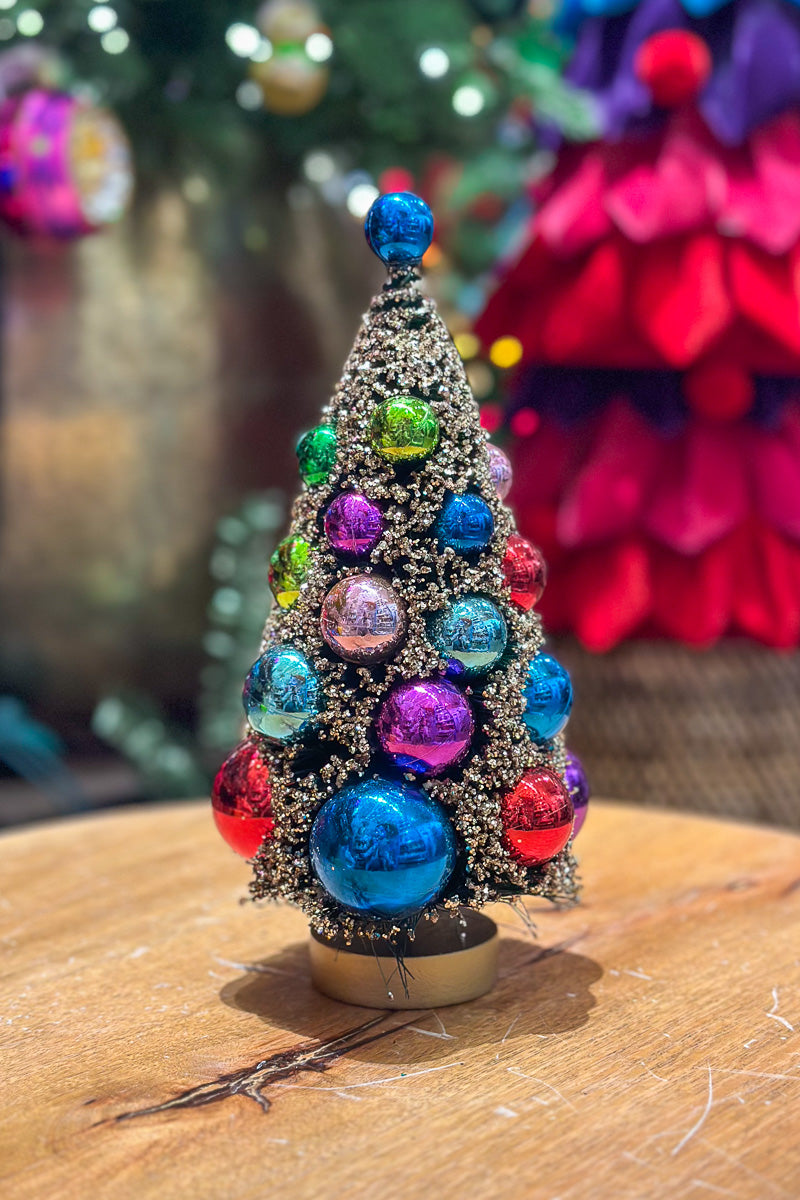 Glittered Green Sisal Tree with Bright Multicolor Beads 9"