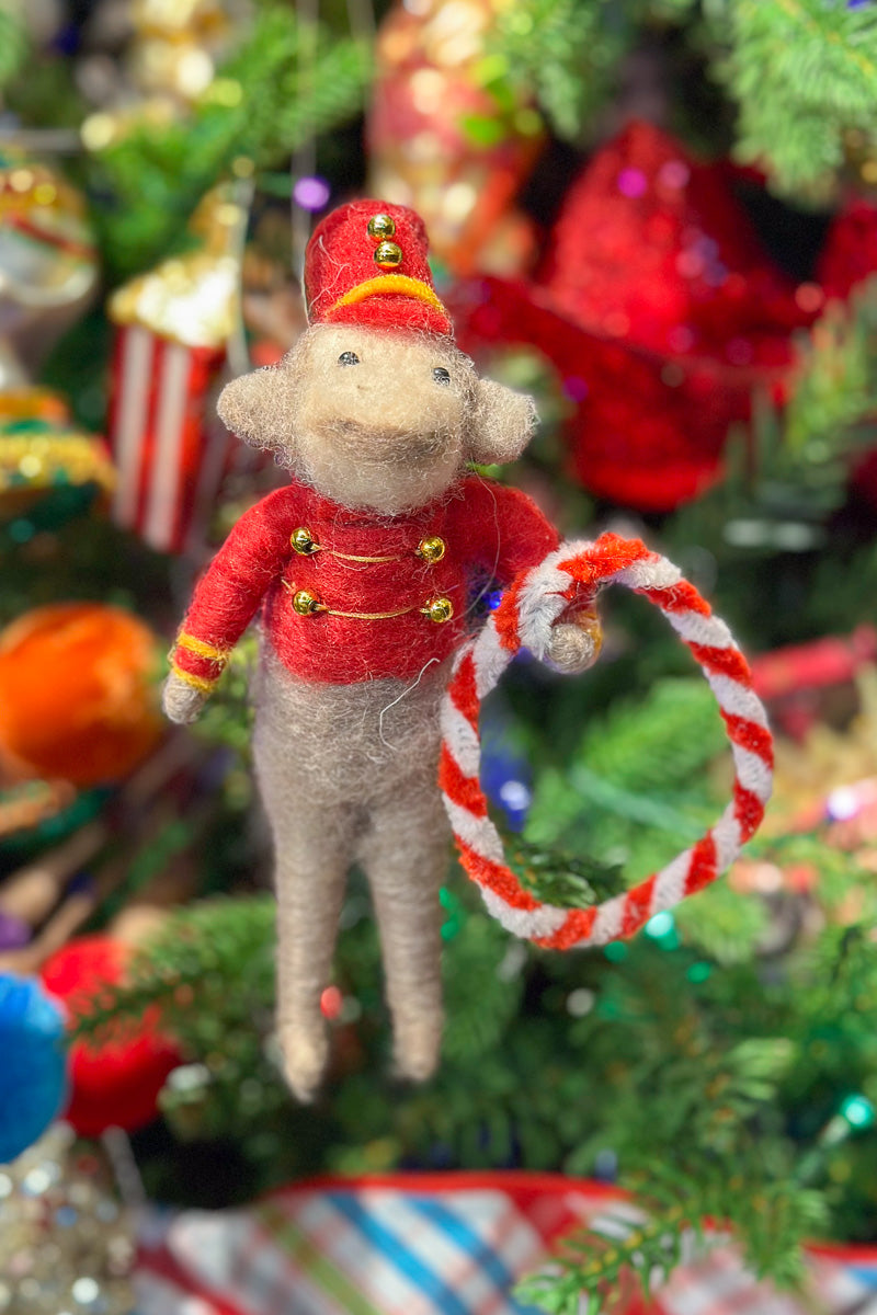 Wool Circus Monkey Holding Candy Cane Ring