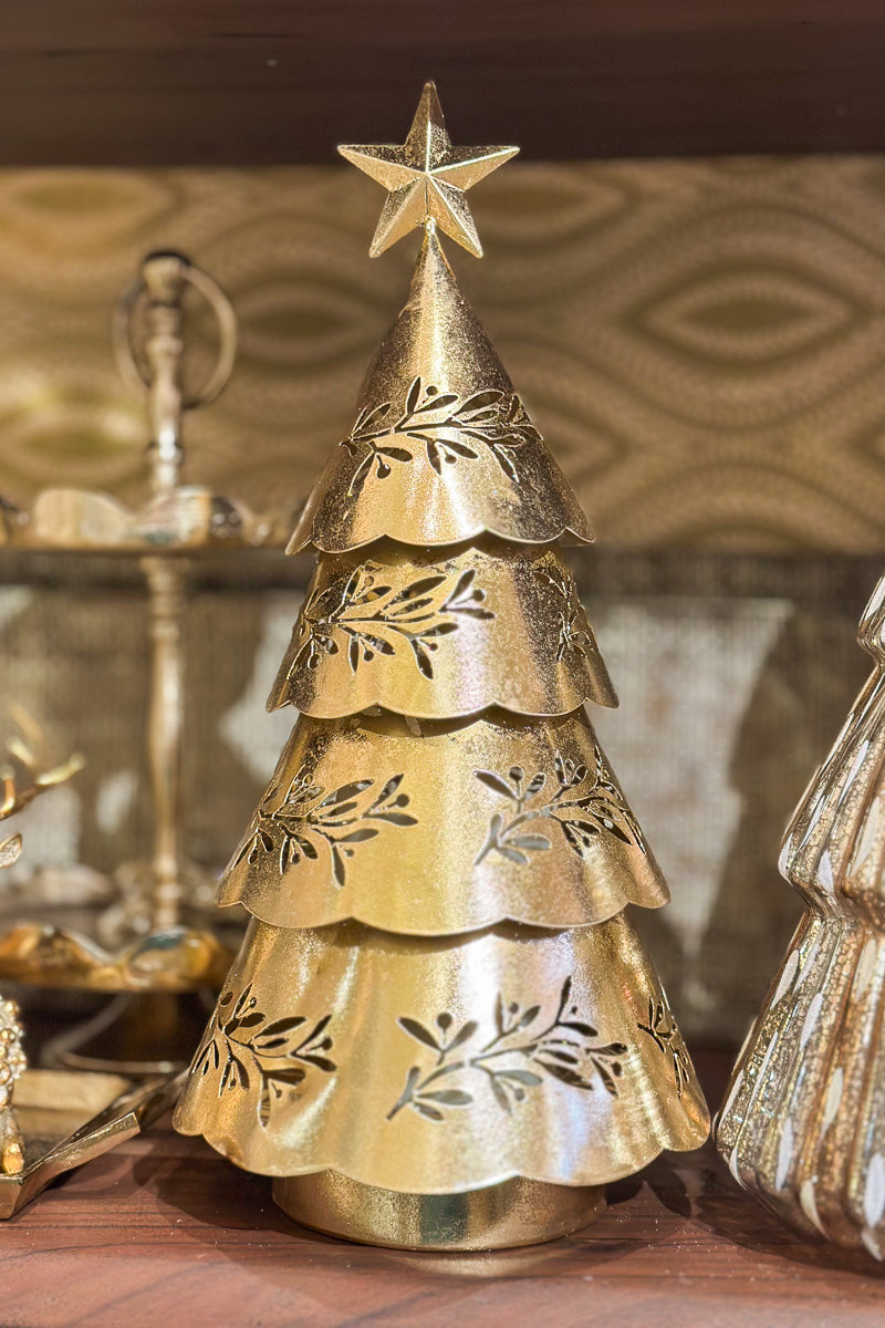 Metal Christmas Tree With Die-Cut Mistletoe Pattern 14.6" Gold