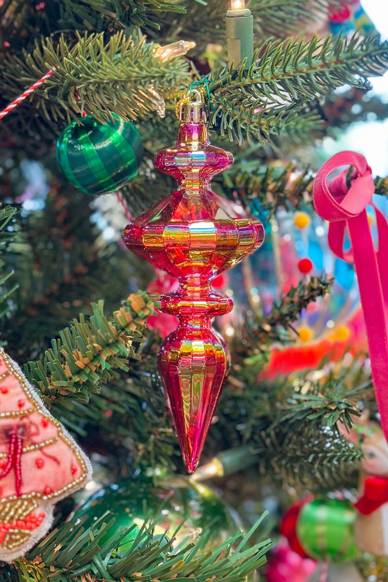 Rhombus Finial Ornament 6" Clear Iridescent Red