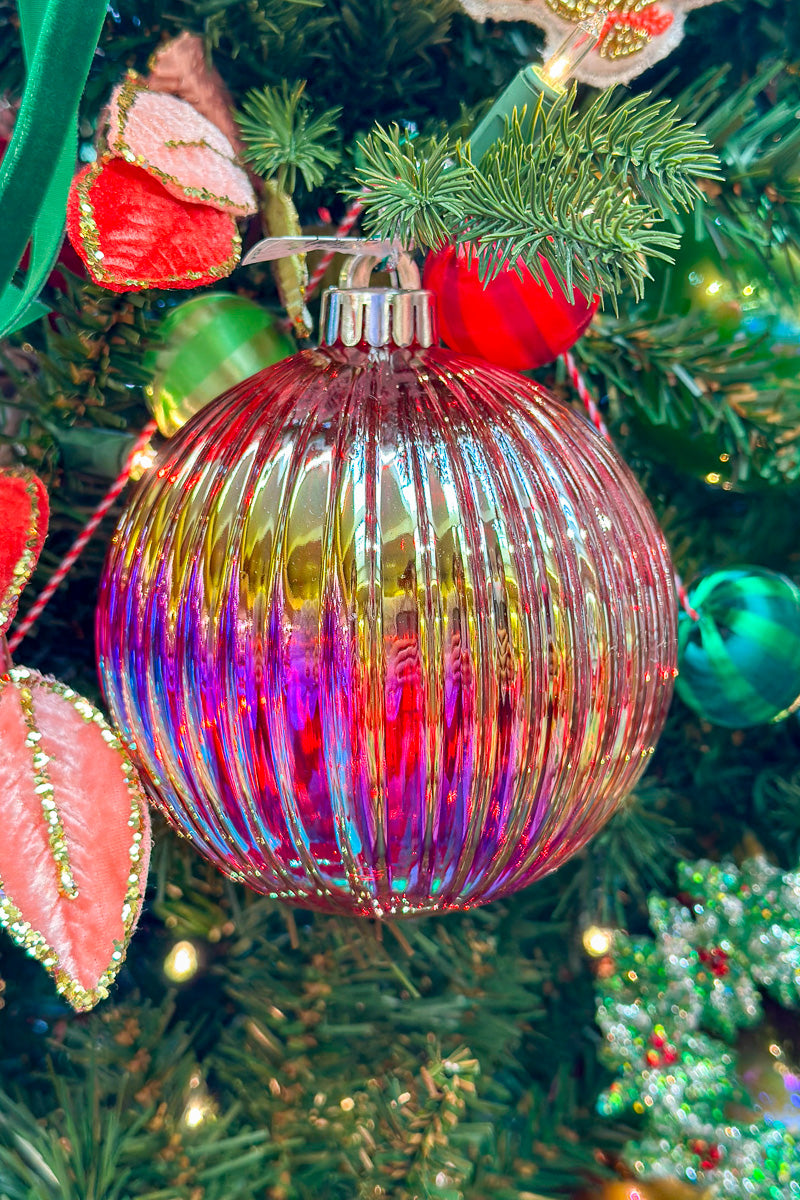 Striped Ball Ornament 120mm Clear Iridescent Red