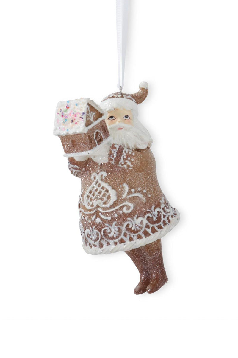 Glittered Gingerbread Santa with House 5" Brown