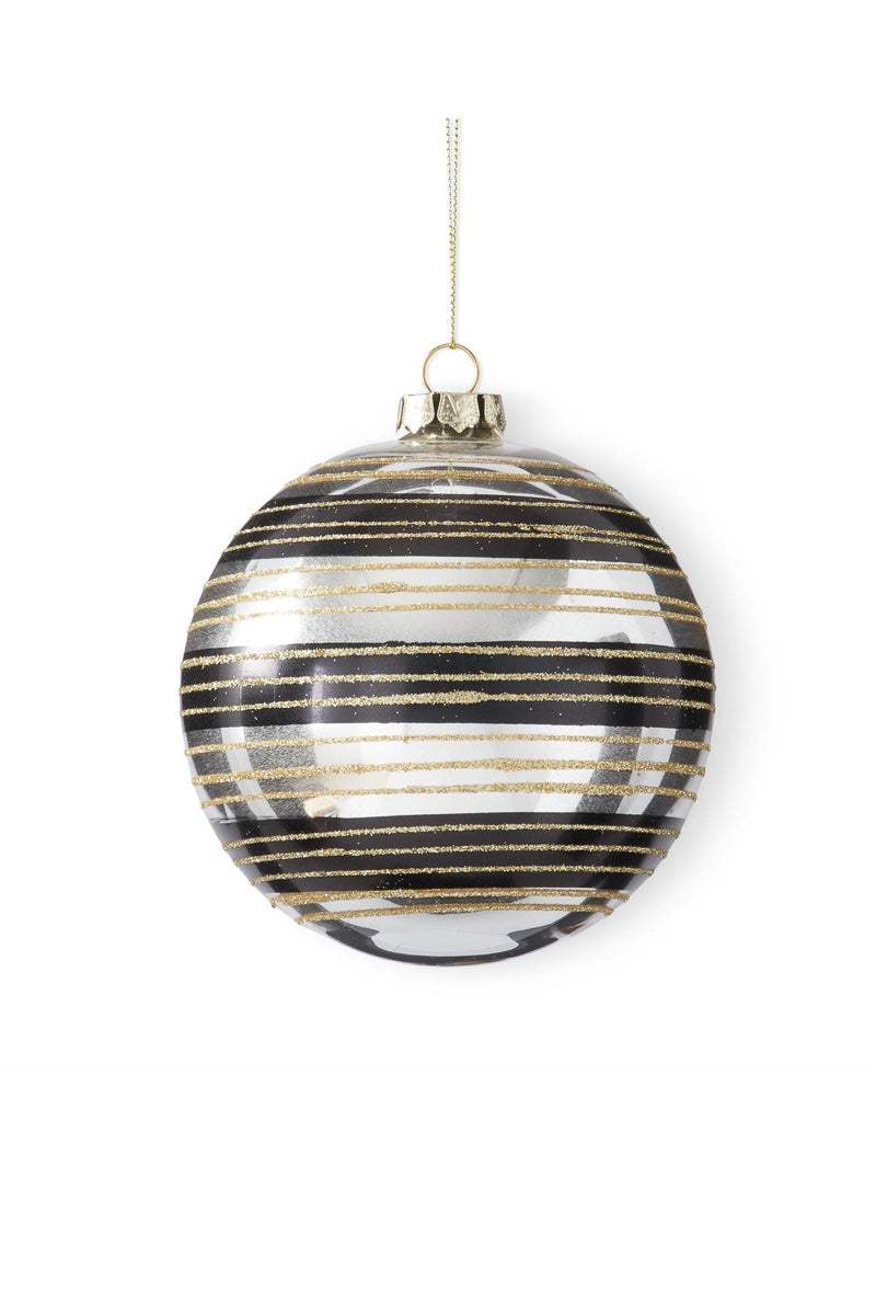 Glittered Mirrored Striped Round Ornament Black & White