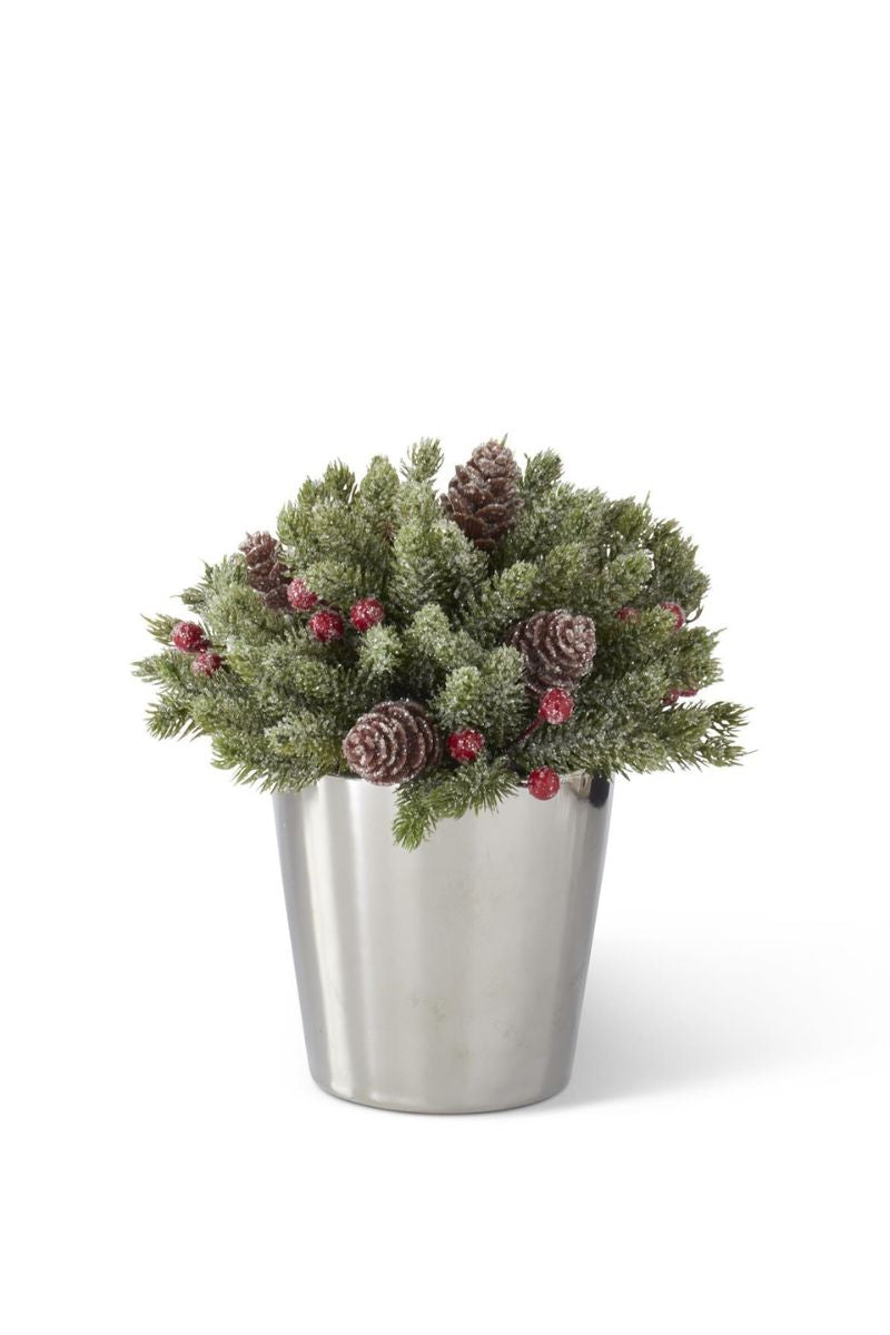 Glittered Pine Ball in Ceramic Pot 7" Silver