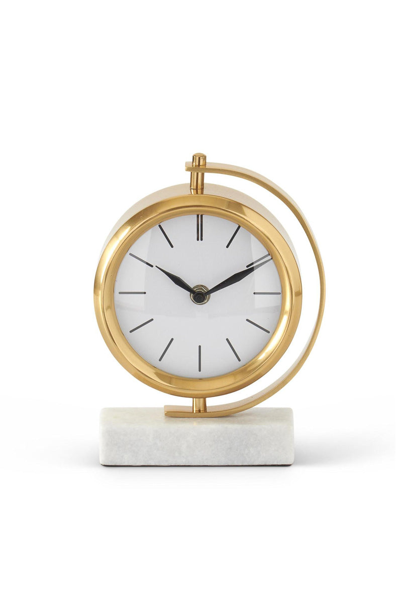 Gold Metal Round Table Clock 8.25" with Rectangle White Marble Base