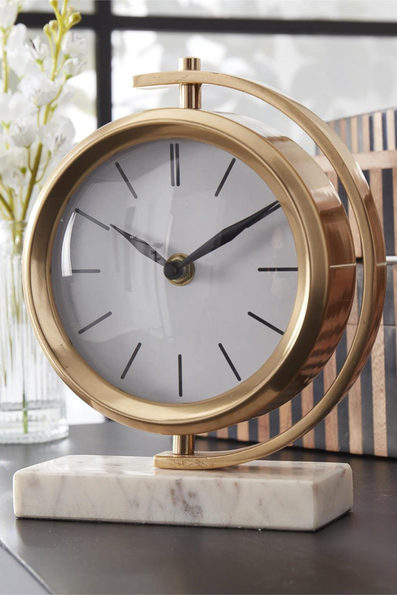 Gold Metal Round Table Clock 8.25" with Rectangle White Marble Base