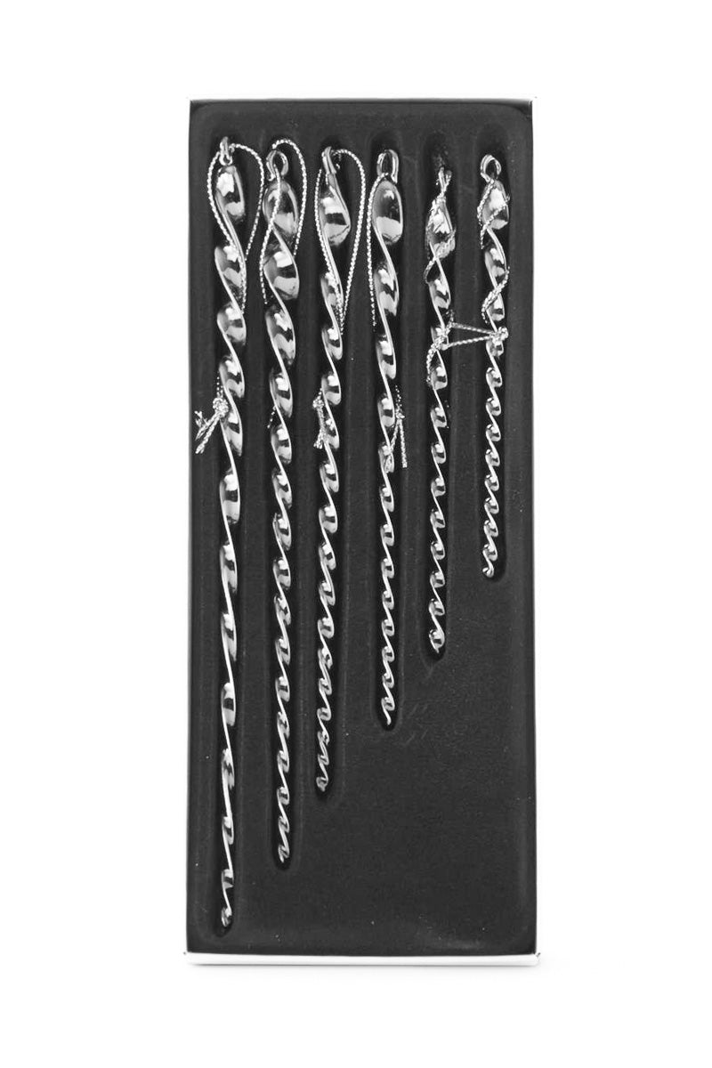Glass Graduated Size Silver Icicle Ornament Box of 6