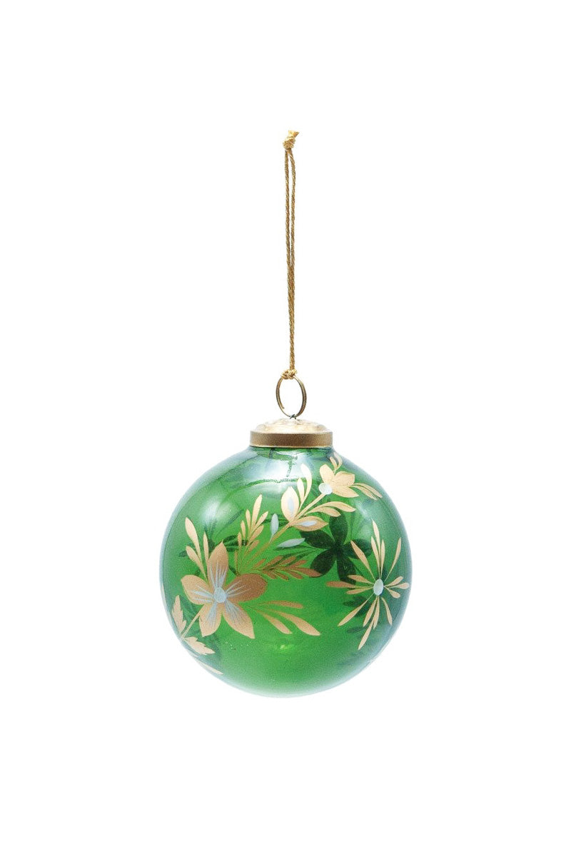 Hand Painted Glass Ball Ornament with Botanicals Design