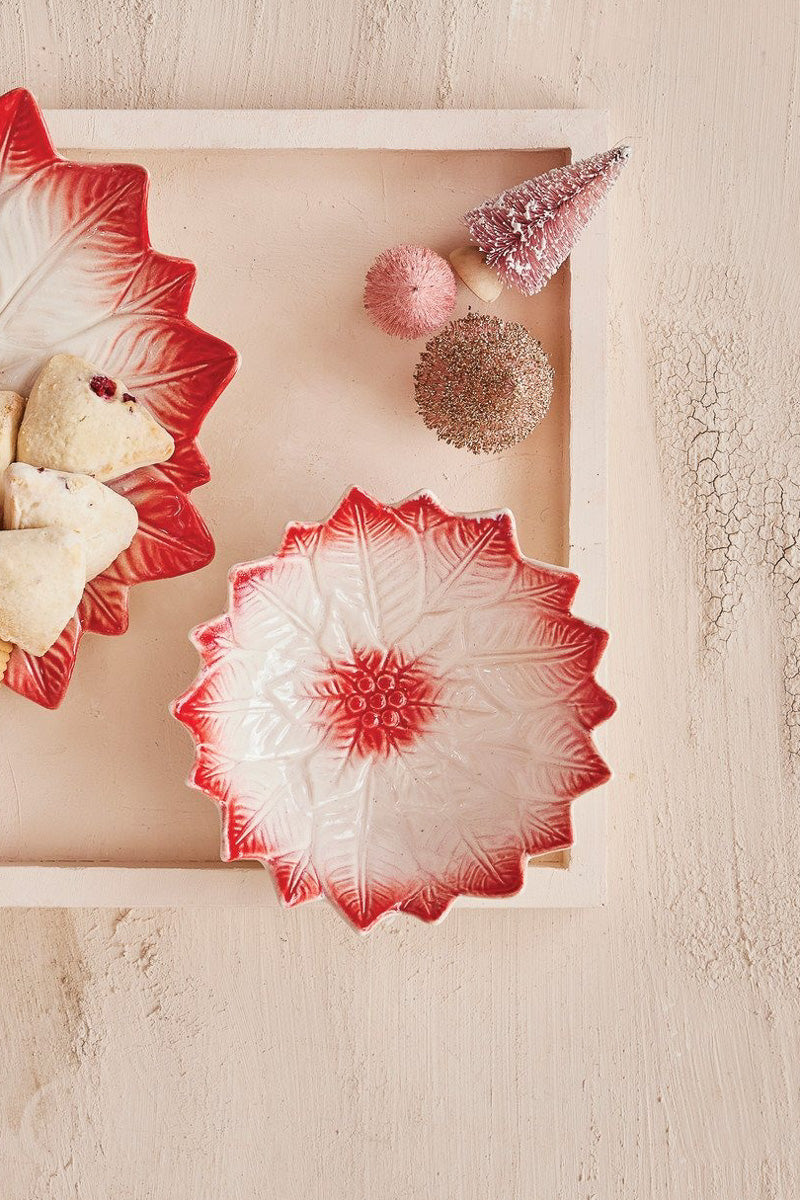 Hand-Painted Stoneware Poinsettia Shaped Bowl, 6.25" Red & White