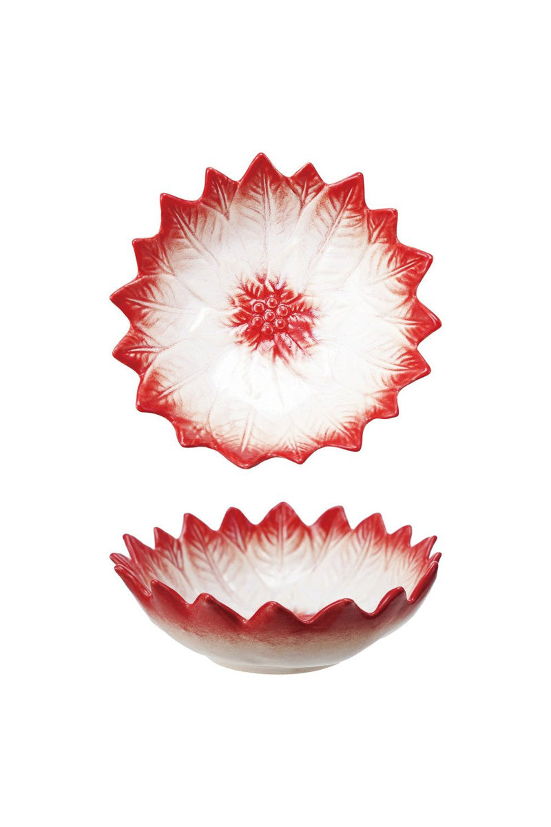 Hand-Painted Stoneware Poinsettia Shaped Bowl, 6.25" Red & White