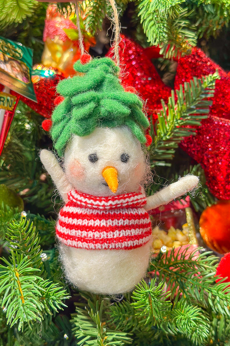 Wool Snowman With Tree Hat 5.5" White