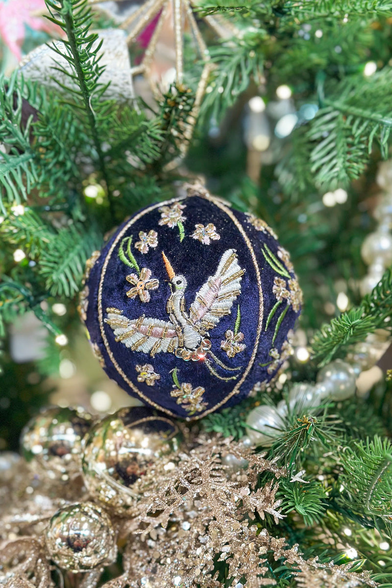 Velvet Bead Embroidered Crane and Floral Ball Ornament 5" Dark Blue & Champagne