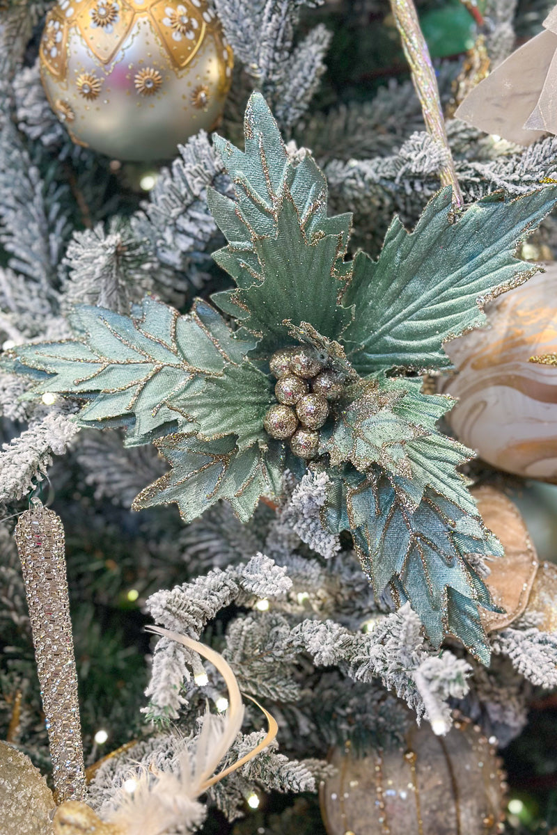 Faux Velvet Green Poinsettia Stem 22" Mint & Champagne