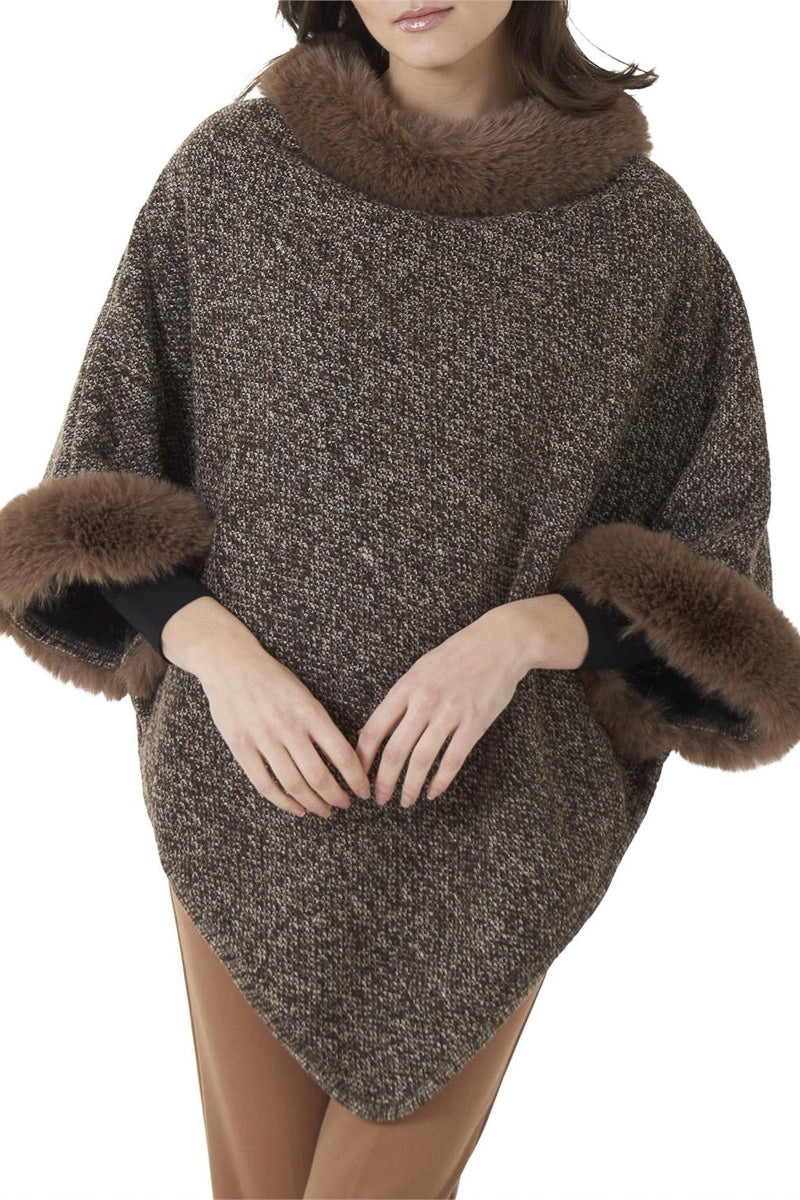 Faux Fur Collar & Cuff Poncho Brown