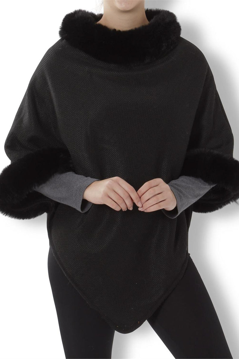 Faux Fur Collar & Cuff Poncho Black