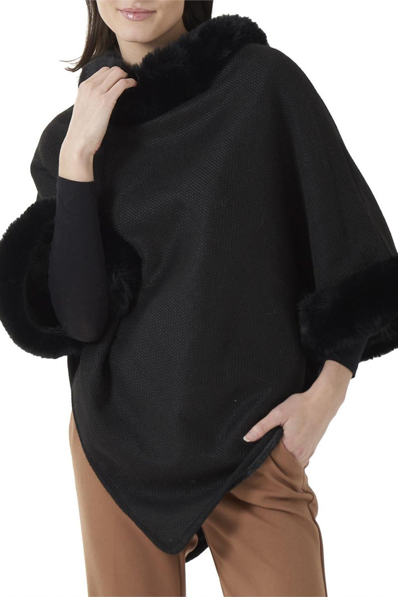 Faux Fur Collar & Cuff Poncho Black
