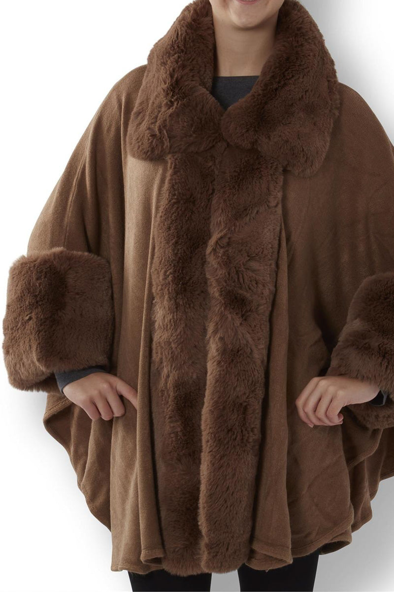 Cape with Sleeves & Faux Fur Trim Brown