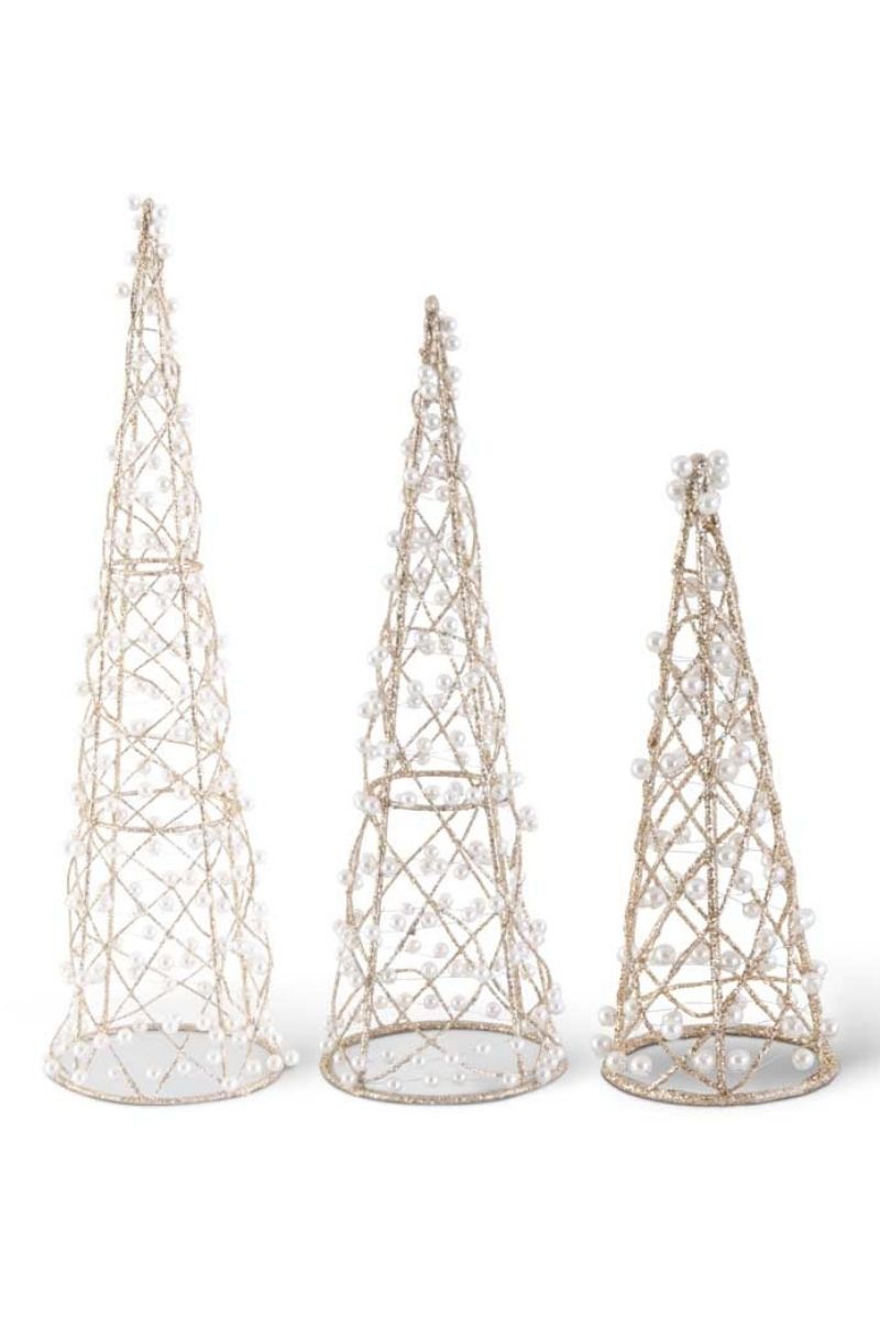 Glittered Cone Tree with Pearls Small Gold