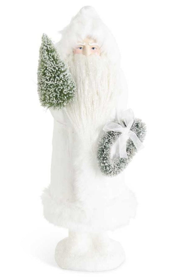 Glittered Cream Fur Trimmed Santa with Wreath and Tree 16.5"