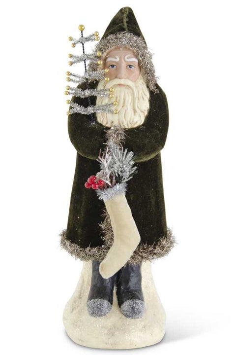 Santa with Dark Green Coat Holding Tree and Stocking 16.75"