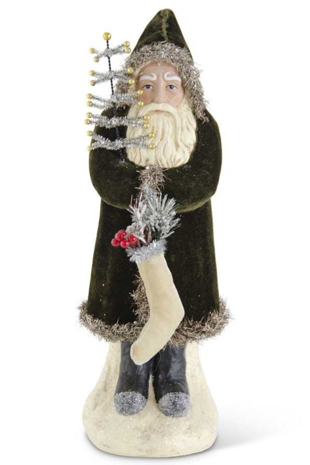 Santa with Dark Green Coat Holding Tree and Stocking 16.75"