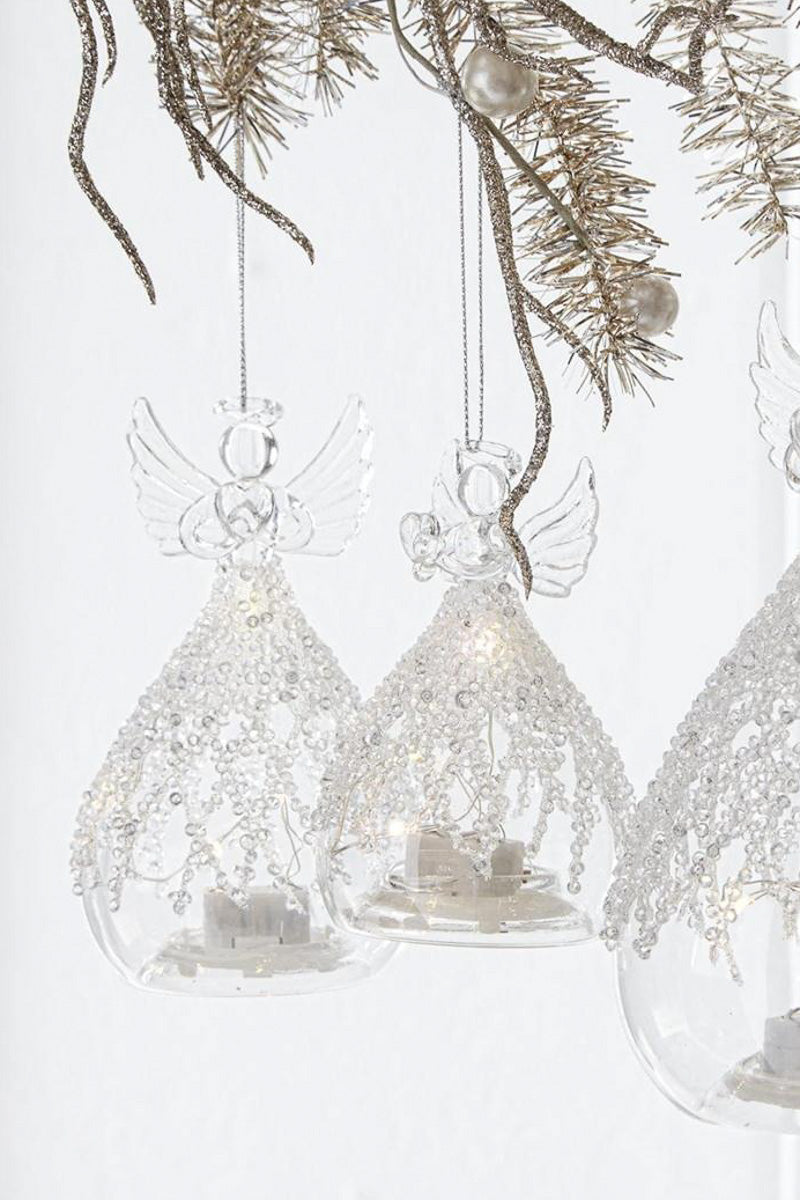 Clear Glass LED Lattic Bead Angel Ornament 5.25"