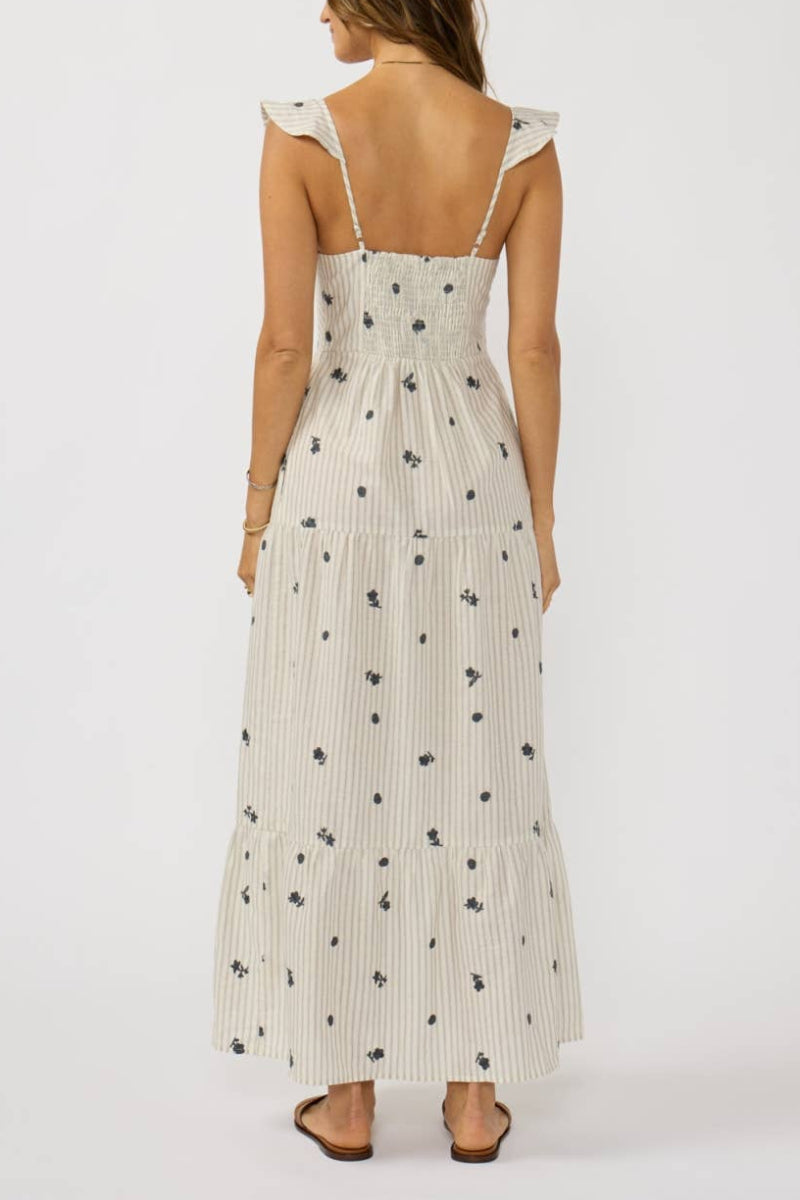 Embroidered Stripe Button Down Tiered Maxi Dress Small