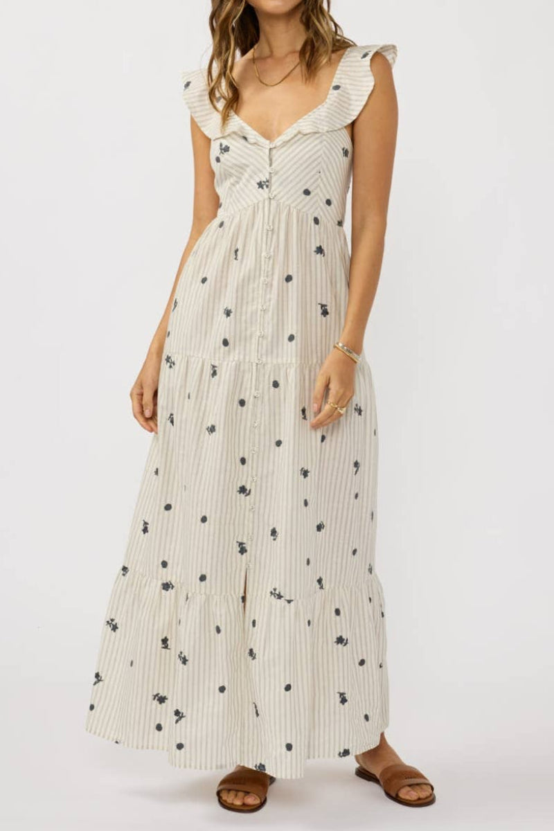 Embroidered Stripe Button Down Tiered Maxi Dress Small