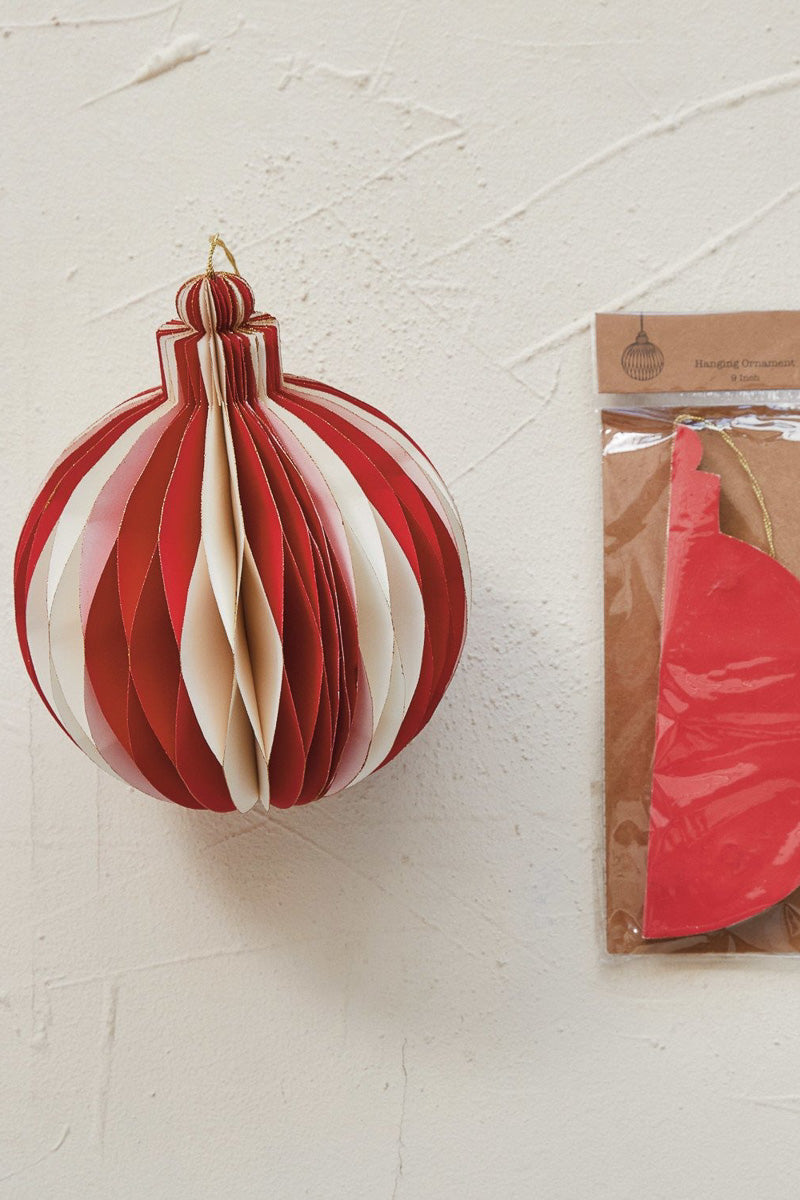 Paper Honeycomb Ornament Round with Gold Glitter Edge Cream & Red Assorted