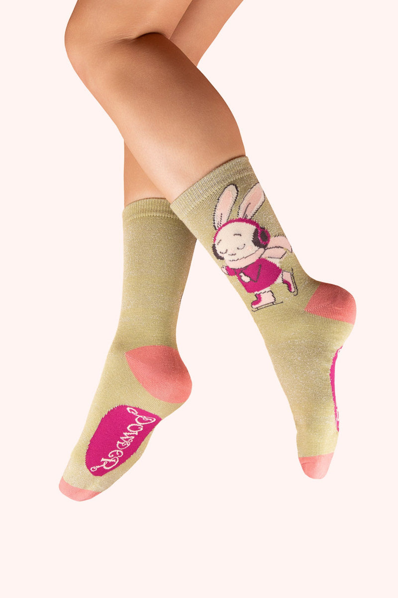 Powder Design Glitter Ankle Socks Skating Bunny