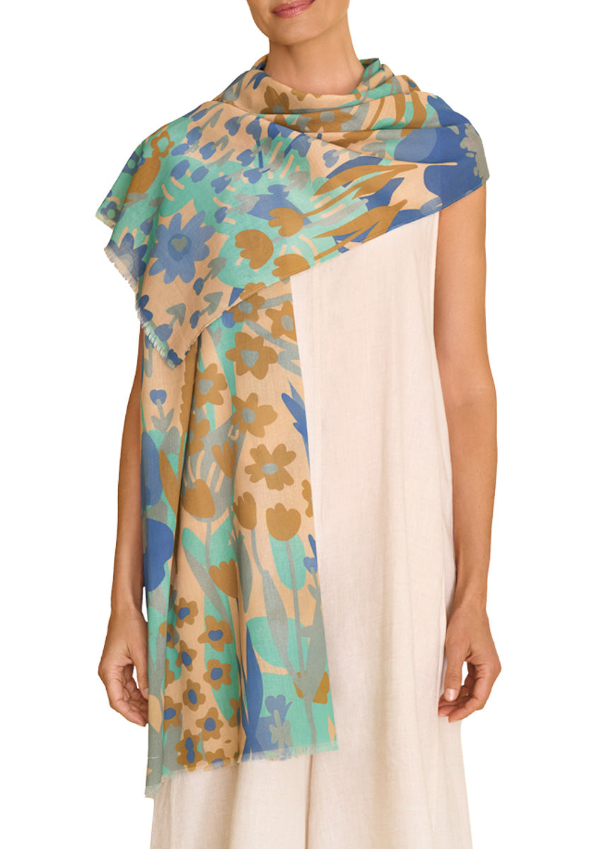 Powder Design Cotton Scarf Springtime Floral-Denim Blue