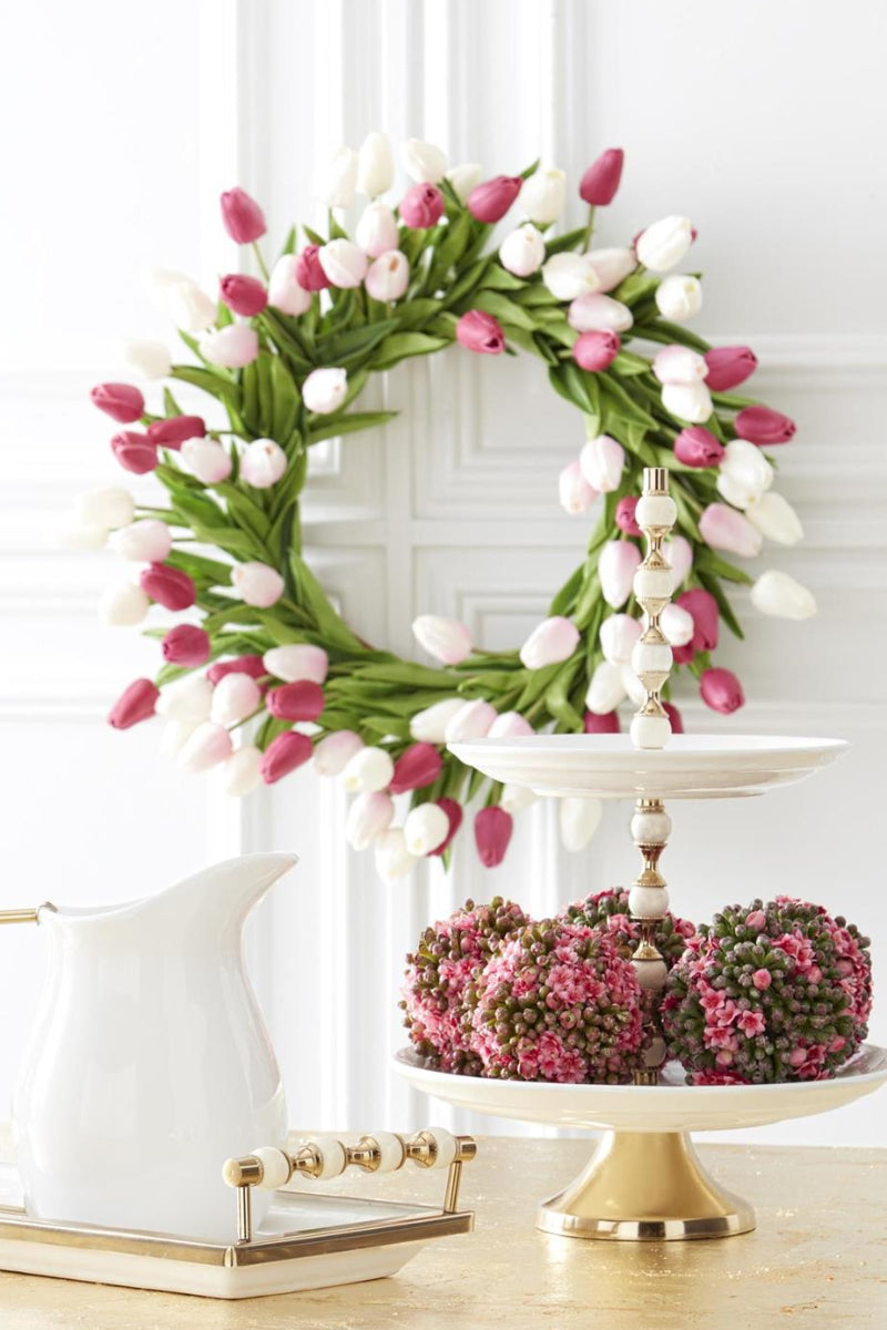 Faux Real Touch Mini Tulip Wreath 22" Fuchsia Pink & White