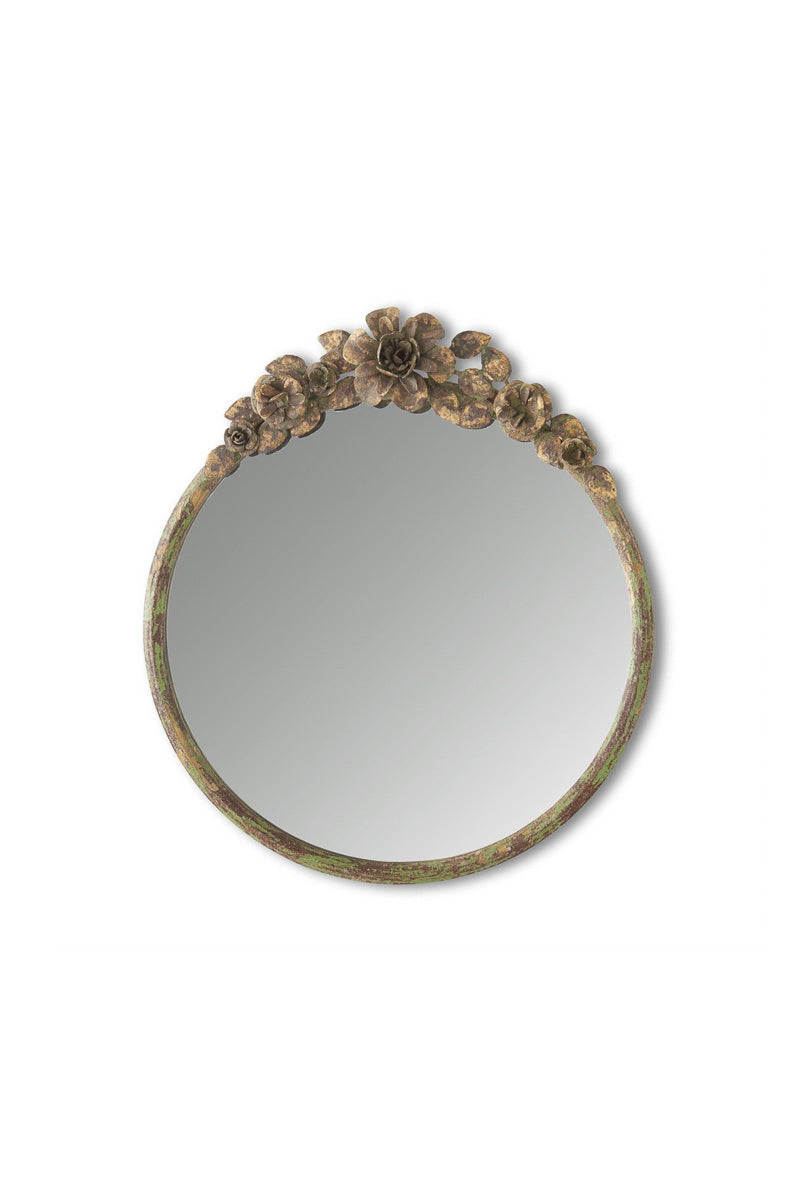 Rustic Metal Flower Topped Round Mirror 17.25" Green, Brown & Gold