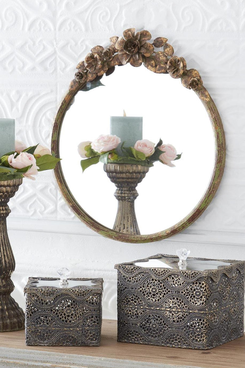 Rustic Metal Flower Topped Round Mirror 17.25" Green, Brown & Gold