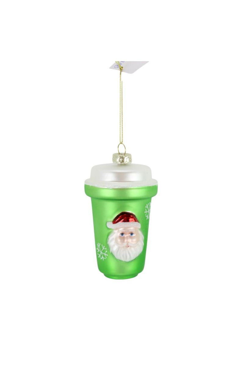 Santa Coffee Cup Glass Ornament 4" Green & White