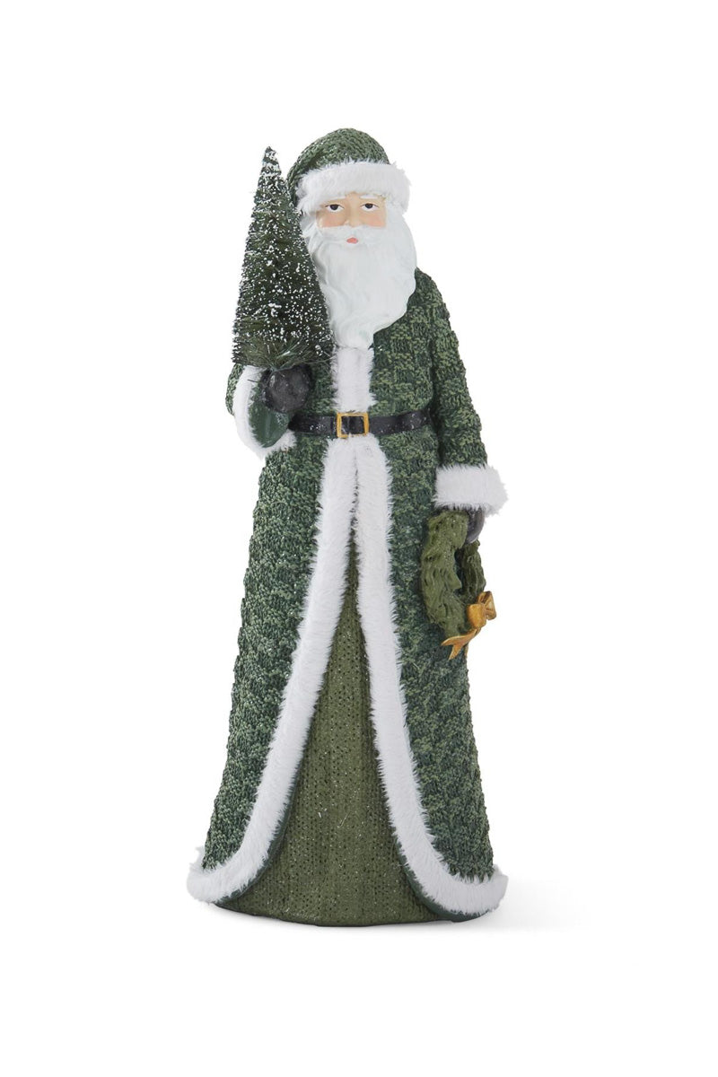 Santa In Green Coat With Bottle Brush Tree Large
