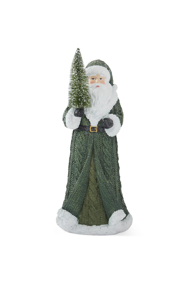 Santa In Green Coat With Bottle Brush Tree Small