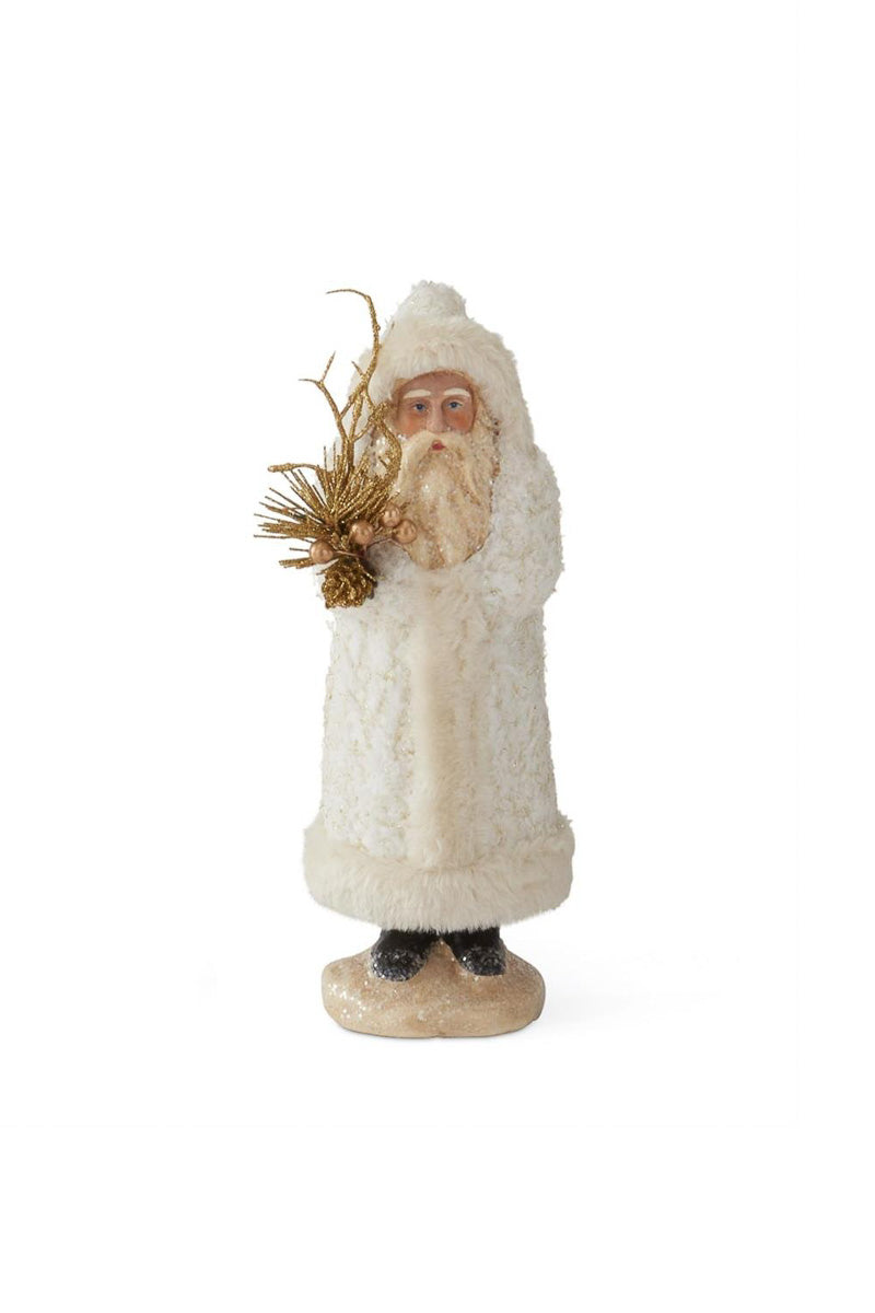 Santa in White Fleece Coat Holding Gold Branch Small