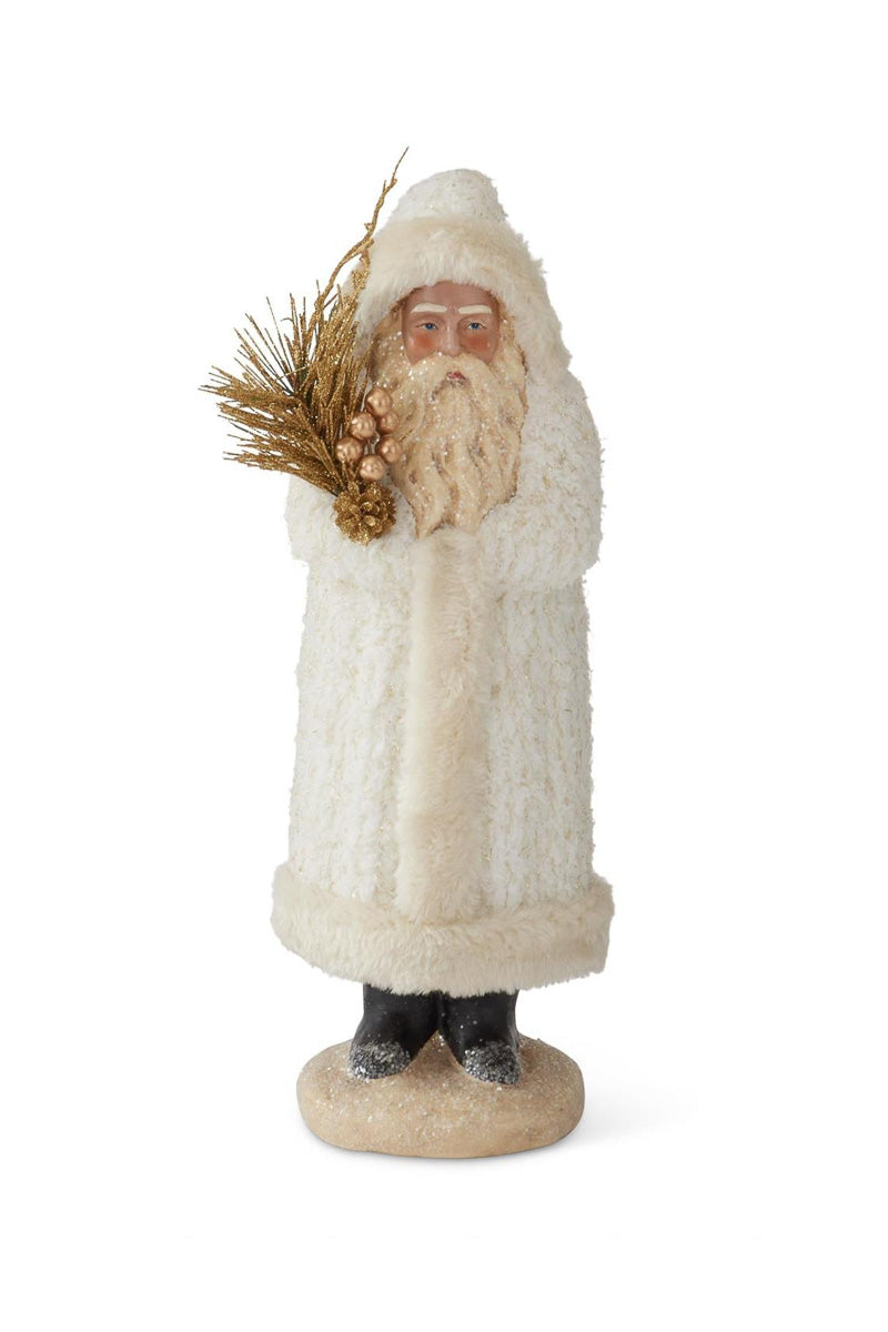 Santa in White Fleece Coat Holding Gold Branch Large