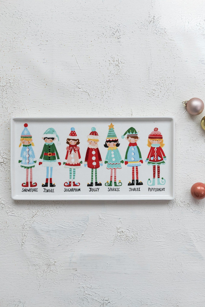 Stoneware Platter with Santa's Elves 13"x 6.5" Multi Color