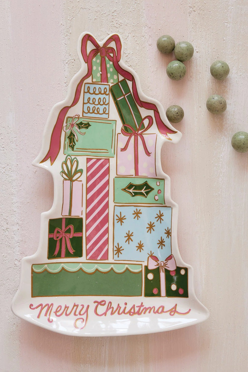 Stoneware Platter with Gifts "Merry Christmas" 12.25"x 8"