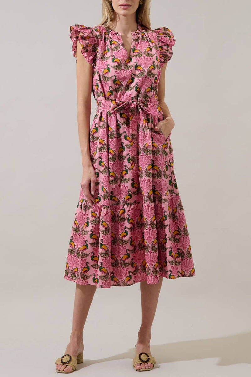 Peacock Bay Sita Ruffle Midi Dress XS